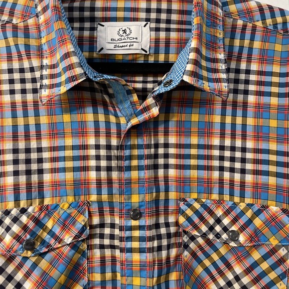 Bugatchi ShapedFit XL Men's Plaid Long Sleeve Snap Front Shirt TopStitch Western - Picture 4 of 14